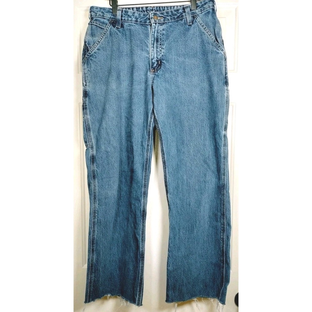 Carhartt Denim Work Pants Women's 32 Relaxed Fit Utility Carpenter Jeans Raw Hem